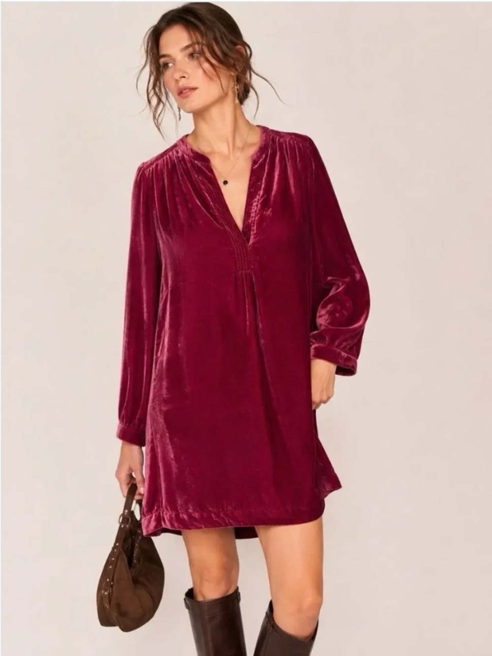 Anthropologie Raspberry color Melody Velvet V-Neck Tunic Dress